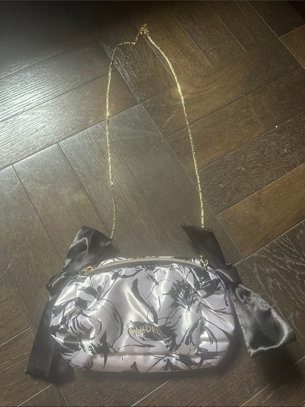 Silver Floral Satin Shoulder Bag with Gold Chain